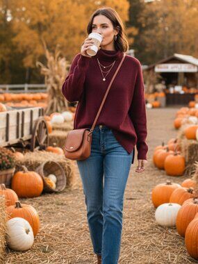 Devotion by Cyrus Oversized Ribbed Turtleneck Sweater Small Burgundy Long Sleeve